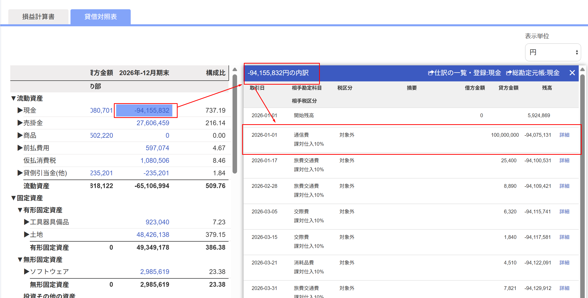 freeeで勘定科目の内訳を確認する画面